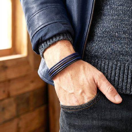 Niki Leather Lacivert Siyah Çoklu Deri Ve Titianyum Kilitli Çelik Bileklik 38933B13D4