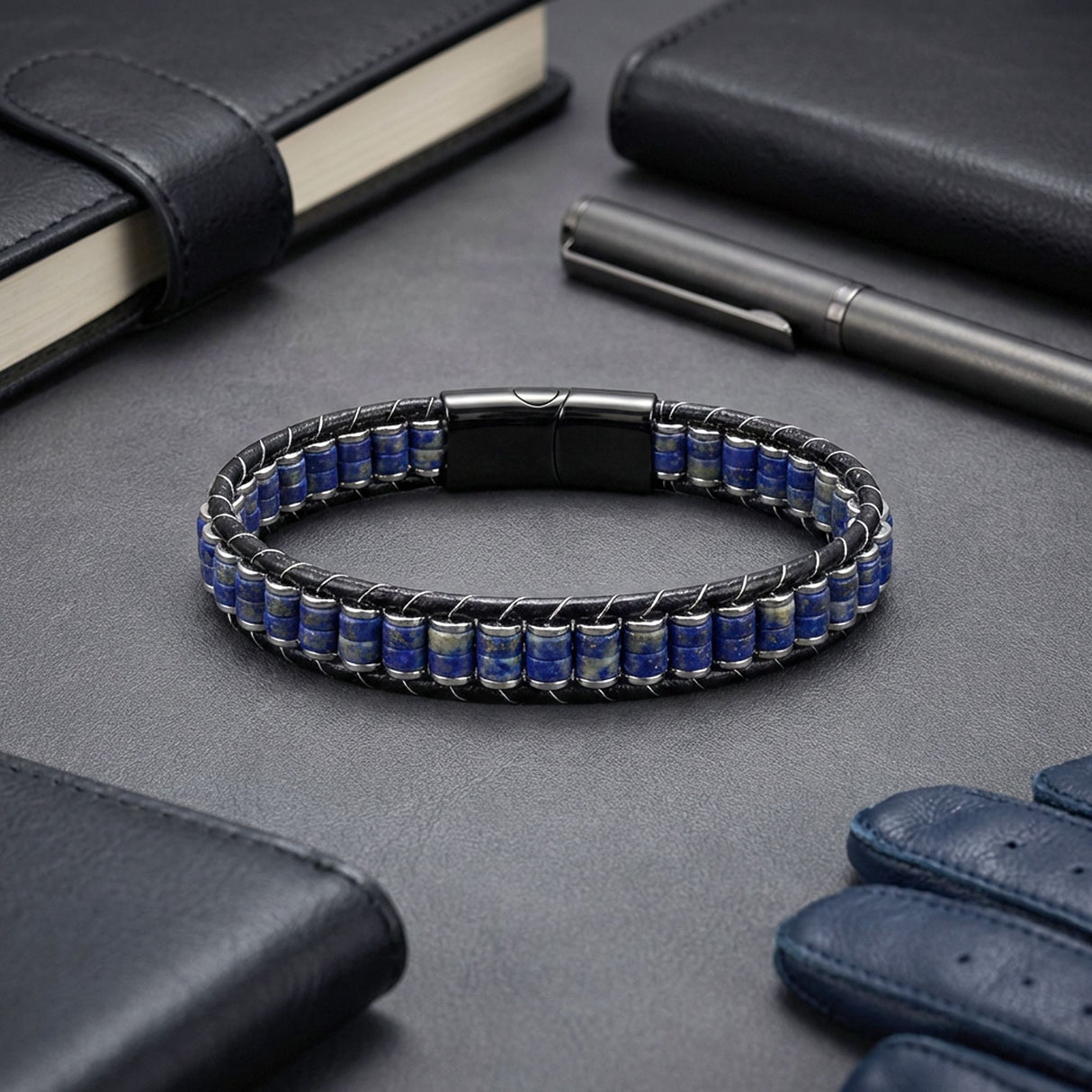 Niki Leather Lapis & Hematit Çelik Örgülü Deri Bileklik 38932B22D10