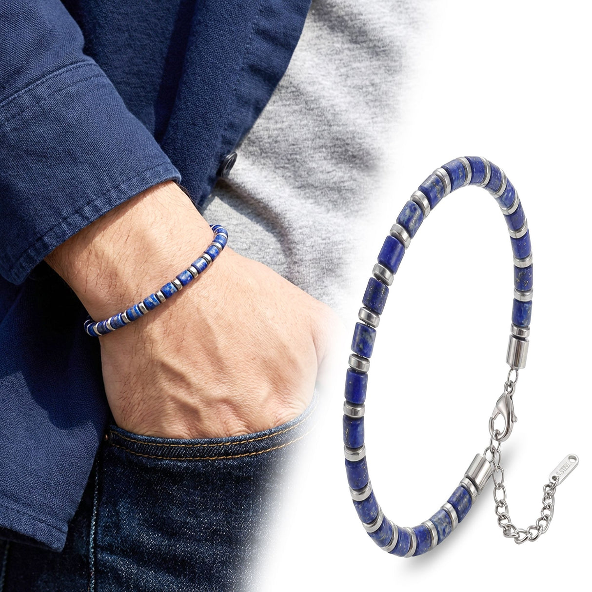 Lapis Lazuli Taşlı Ayarlanabilir Çelik Erkek Bileklik 38932B10D4M7