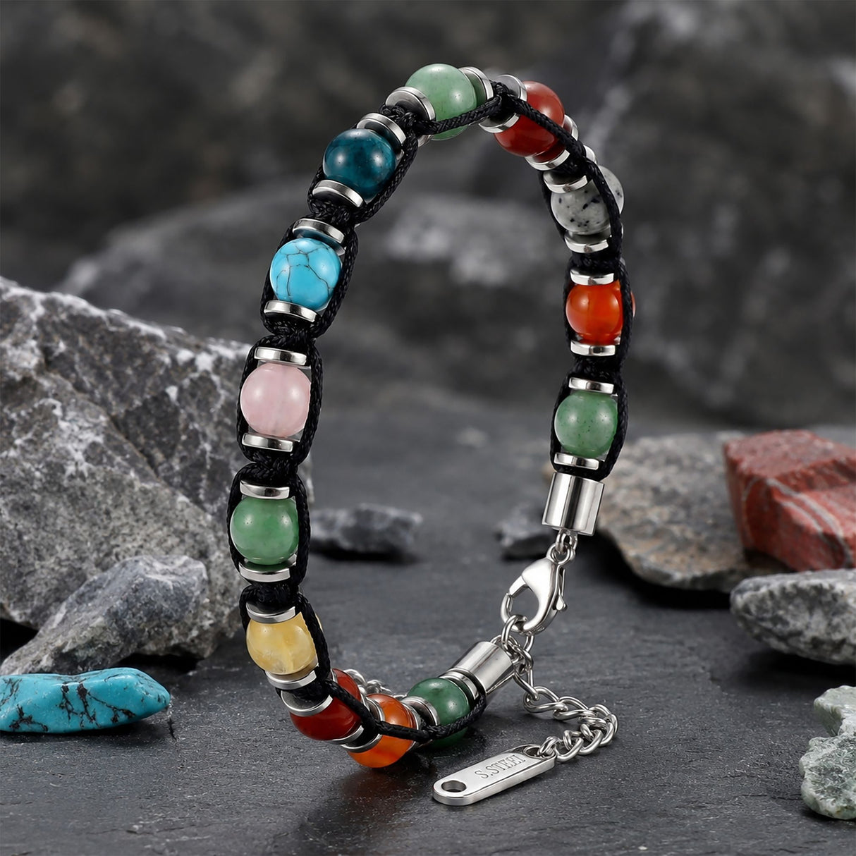 Niki Leather Makrome Karışık Doğal Akik Taşlı Çakra Temalı Ayarlanabilir Çelik Bileklik 40132B10D10