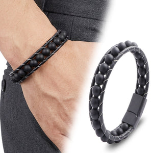 Niki Leather Mat Oniks Taşı Örmeli Deri Bileklik 40132B2D8M7