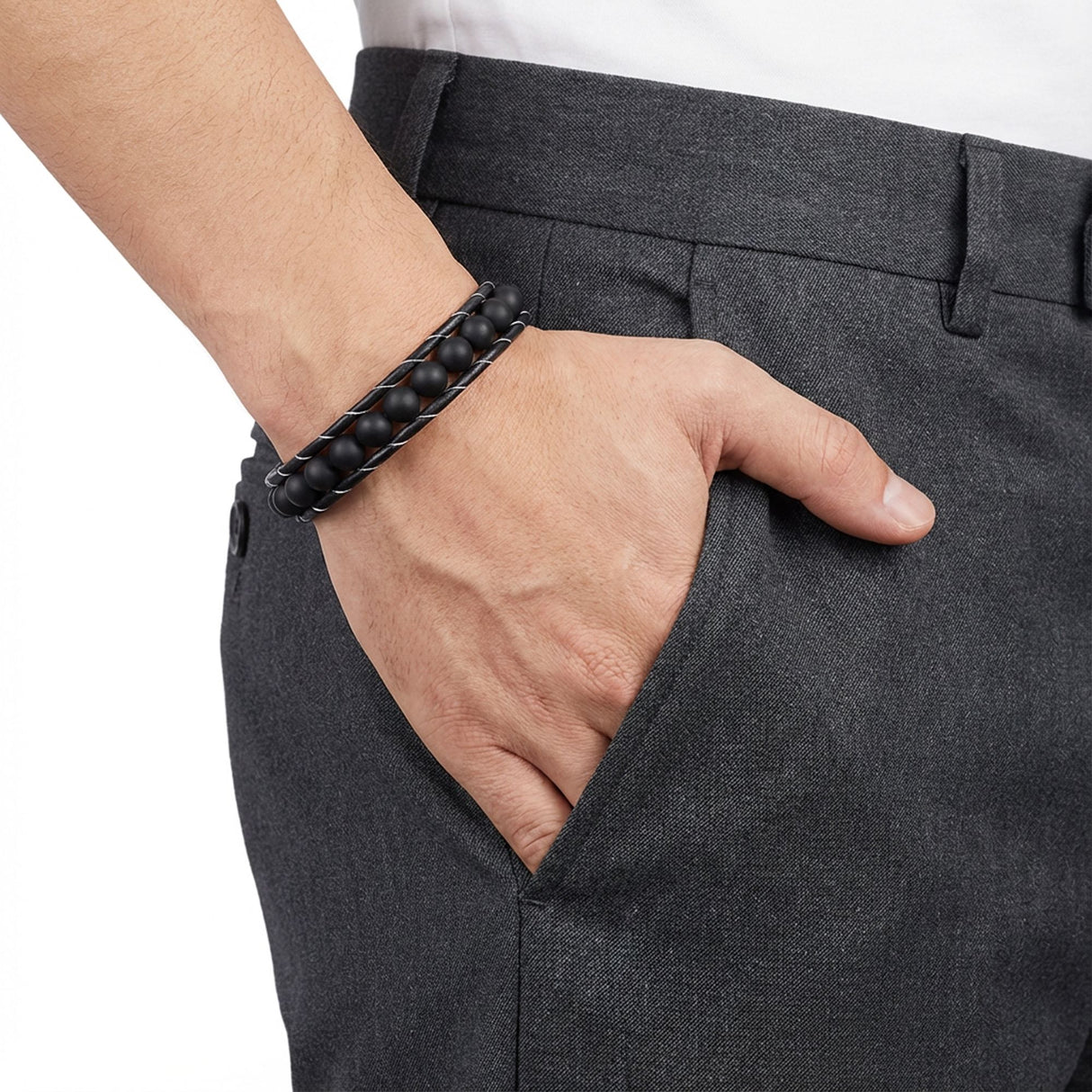 Niki Leather Mat Oniks Taşı Örmeli Deri Bileklik 40132B2D8M7