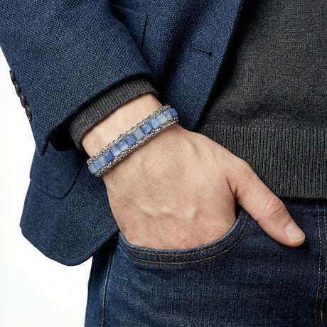 Niki Leather Mavi Aventurin Doğal Taşlı Hasır Örgü Zincirli Erkek Çelik Bileklik 38932B28D6