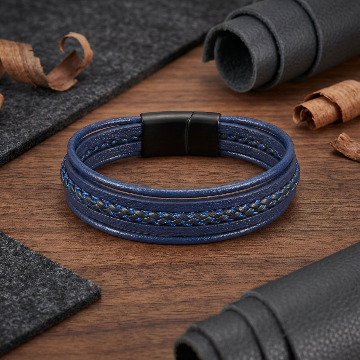 Niki Leather Mavi Siyah Çoklu Deri Bileklik Zamak Kilit 38933B2D7Z
