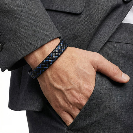 Niki Leather Mavi Siyah Deri Örgü Çelik Bileklik 38933B4D3