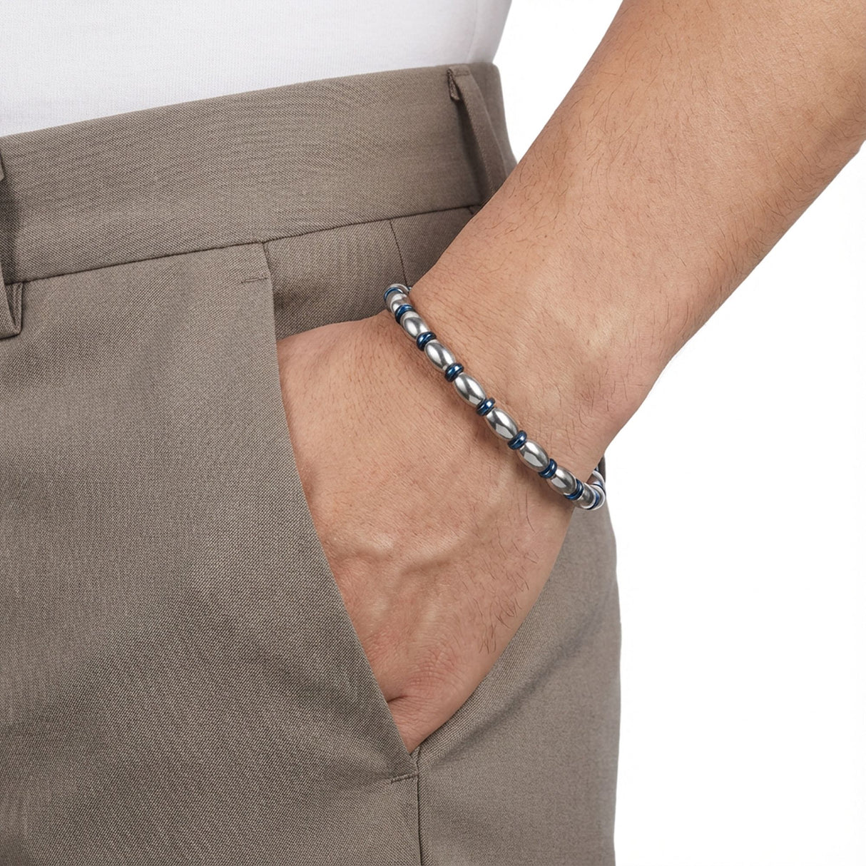 Niki Leather Mavi Ve Gümüş Hematit Doğal Taşlı Ayaranabilir Çelik Zincir Bileklik 40132B10D1