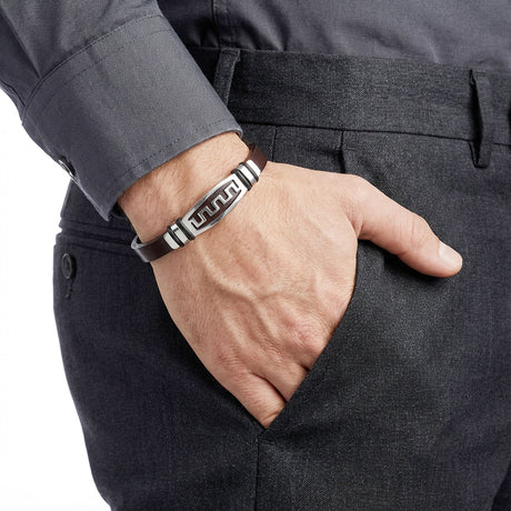 Niki Leather Motifli Ayarlanabilir Kordonlu Erkek Deri Ve Çelik Bileklik 38934B23DD4