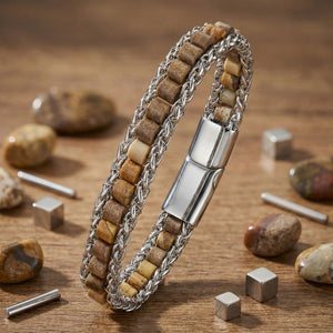 Niki Leather Odun Jasper Doğal Taşlı Hasır Örgü Zincirli Erkek Çelik Bileklik 38932B28D3
