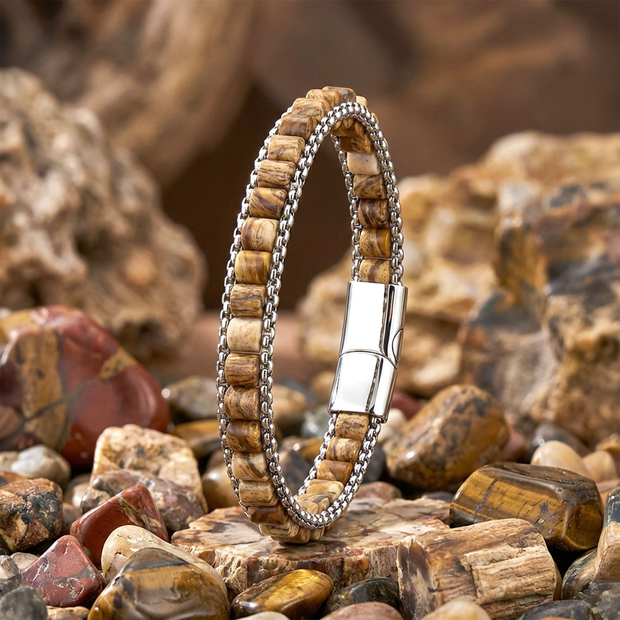 Niki Leather  Odun Jasper Doğal Taşlı Hasır Örgü Zincirli Erkek Çelik Bileklik 38932B28D13