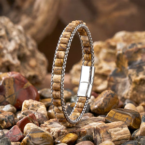 Niki Leather  Odun Jasper Doğal Taşlı Hasır Örgü Zincirli Erkek Çelik Bileklik 38932B28D13