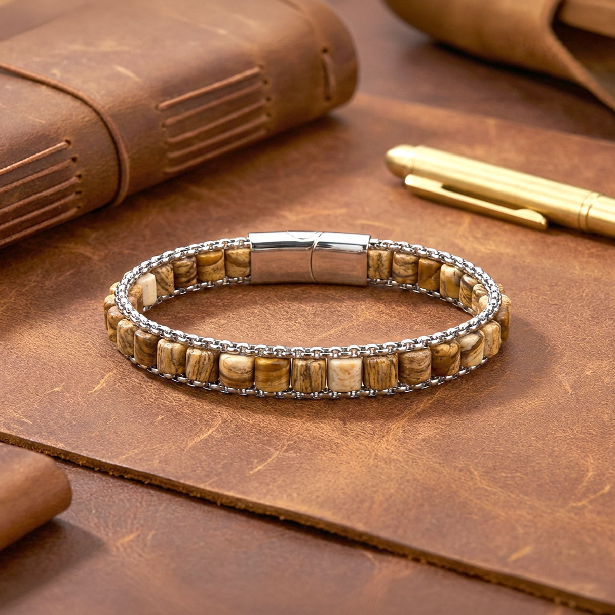 Niki Leather  Odun Jasper Doğal Taşlı Hasır Örgü Zincirli Erkek Çelik Bileklik 38932B28D13