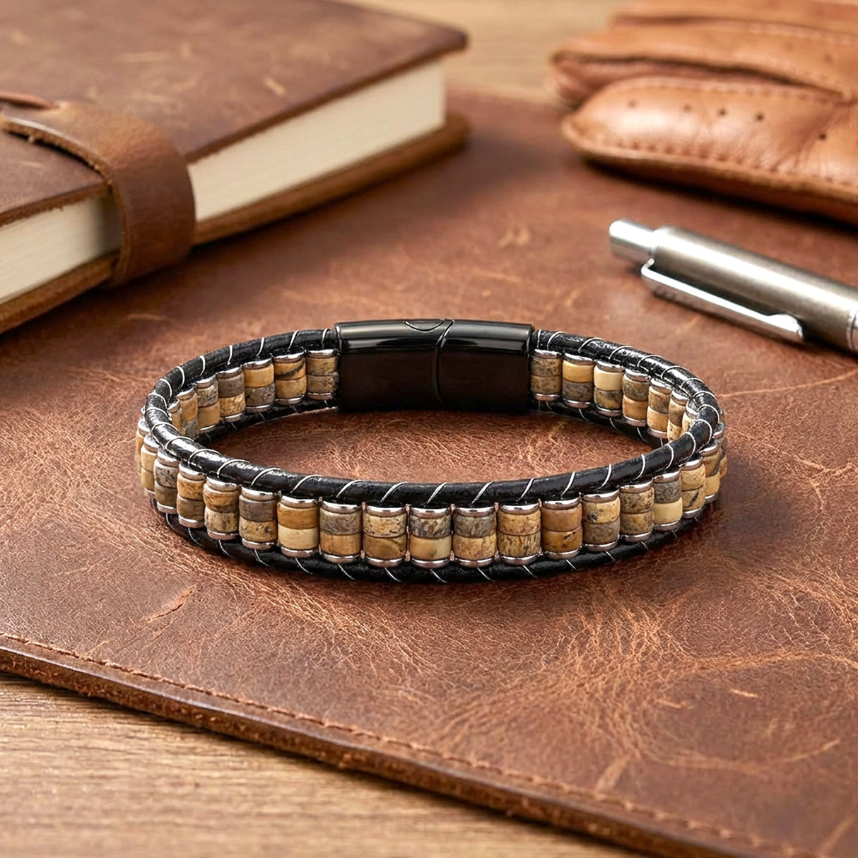 Niki Leather Odun Jasper & Hematit Çelik Örgülü Deri Bileklik 38932B22D8