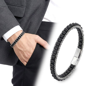 Niki Leather  Oniks Doğal Taşlı Hasır Örgü Zincirli Erkek Çelik Bileklik 40132B28D11