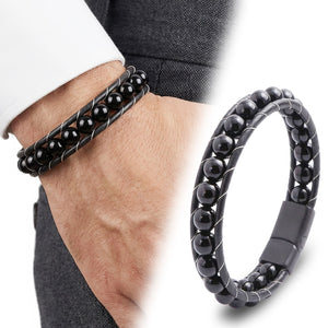 Niki Leather Parlak Oniks Taşı Örmeli Deri Bileklik 40132B2D8M25