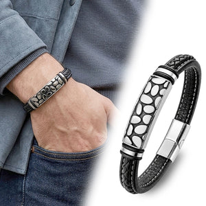 Niki Leather River Stone Motifli Çelik Kilitli Siyah Deri Erkek Bileklik. 40131B8D4