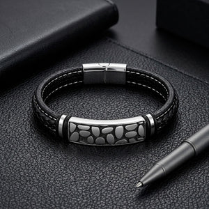 Niki Leather River Stone Motifli Çelik Kilitli Siyah Deri Erkek Bileklik. 40131B8D4