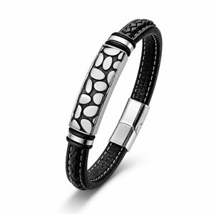Niki Leather River Stone Motifli Çelik Kilitli Siyah Deri Erkek Bileklik. 40131B8D4