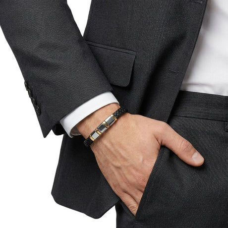 Niki Leather  Sarı-Beyaz 316L Çelik Ve Tüp Örgü Erkek Deri Bileklik 38934B26D1