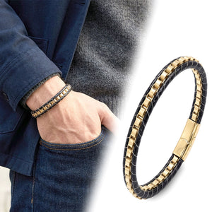Niki Leather Sarı Çelik Zincir Örgülü Ve Deri Erkek Bileklik 38934B24D4