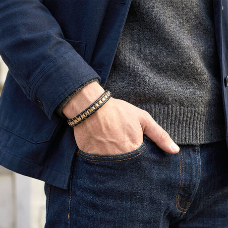 Niki Leather Sarı Çelik Zincir Örgülü Ve Deri Erkek Bileklik 38934B24D4
