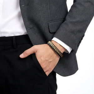 Niki Leather Sarı Çift Zincir Çelik Ve Deri Bileklik 38934B2D4