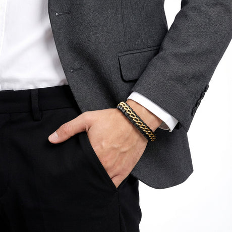 Niki Leather Sarı Çift Zincir Çelik Ve Deri Bileklik 38934B2D4