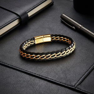 Niki Leather Sarı Çift Zincir Çelik Ve Deri Bileklik 38934B2D4