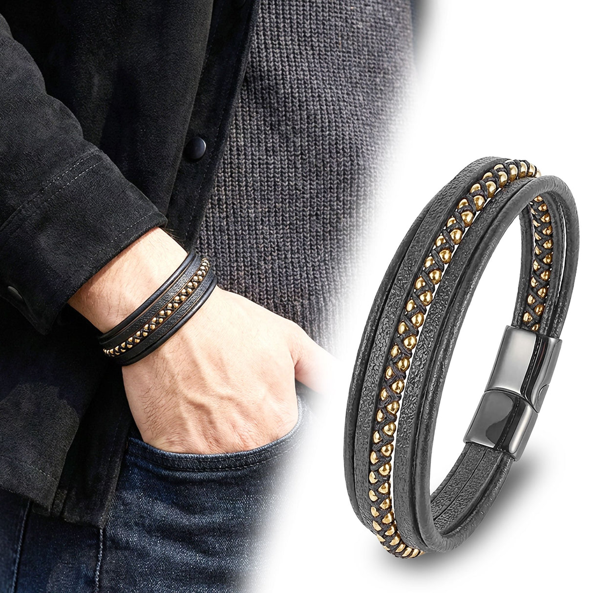 Niki Leather Sarı Hematit Ve Çoklu Deri Bileklik 38934B3D2