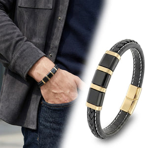 Niki Leather Sarı-Siyah 316L Çelik Ve Saç Örgü Erkek Deri Bileklik 40134B26D4