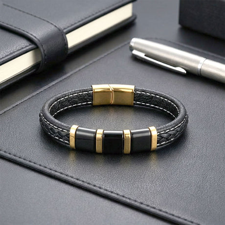 Niki Leather Sarı-Siyah 316L Çelik Ve Saç Örgü Erkek Deri Bileklik 38934B26D4