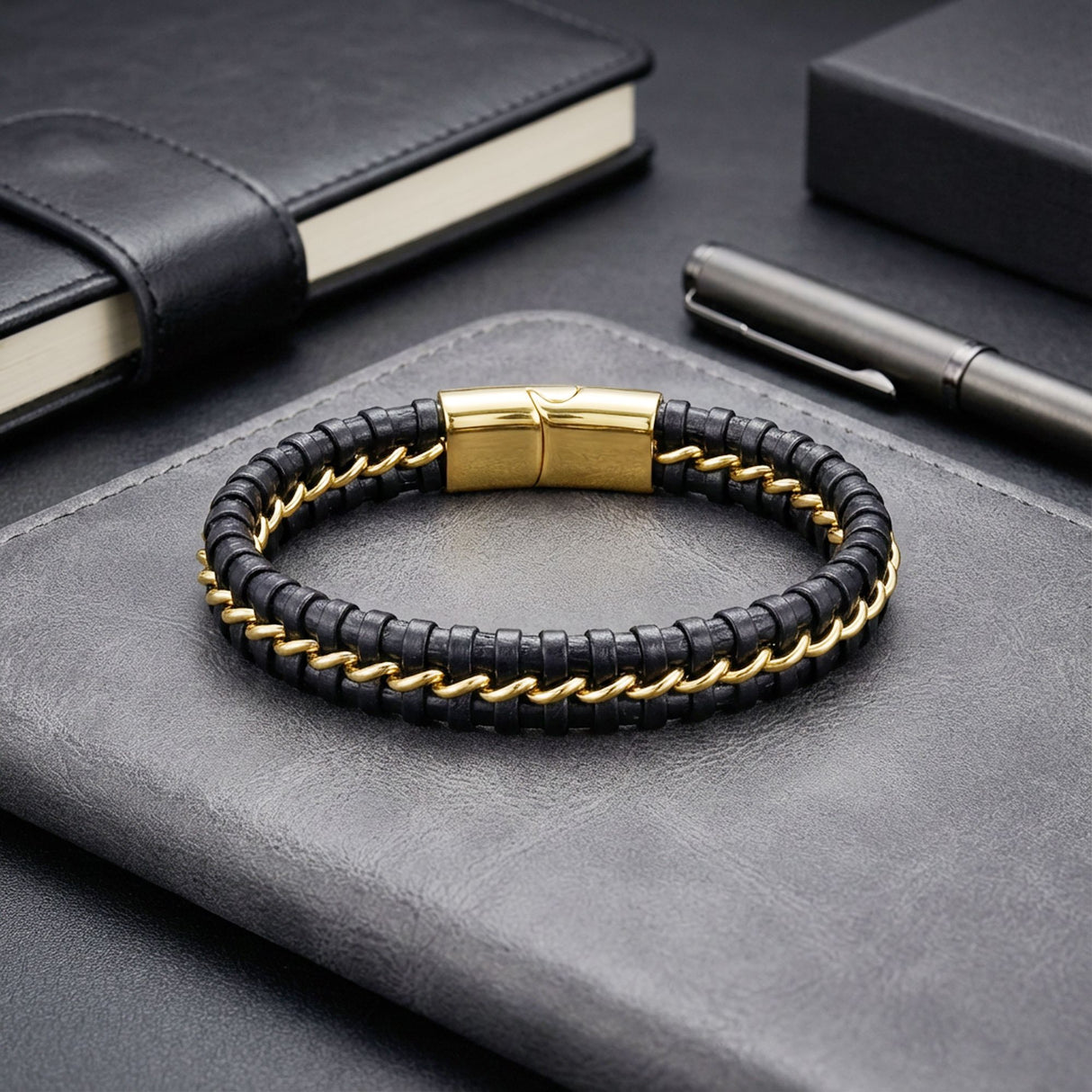 Niki Leather Sarı Zincir Ve Deri Dolama Çelik Bileklik 38934B2D3