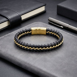 Niki Leather Sarı Zincir Ve Deri Dolama Çelik Bileklik 38934B2D3