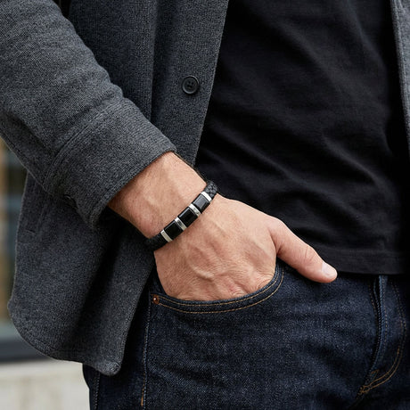 Niki Leather Siyah-Beyaz 316L Çelik Ve Tüp Örgü Erkek Deri Bileklik 38934B26D2