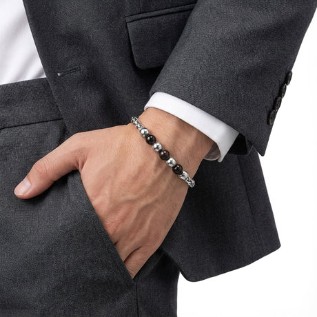 Niki Leather Siyah Beyaz Çelik Top Ayarlanabilir Çelik Zincir Erkek Bileklik 38934B29D1