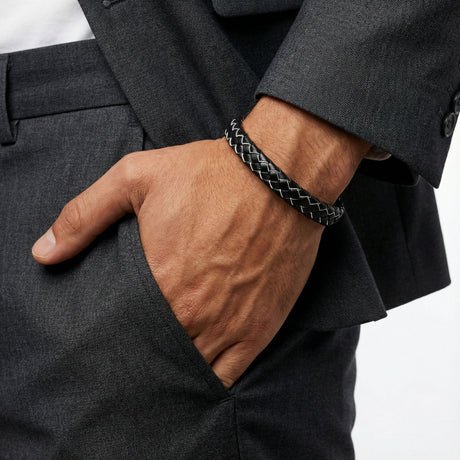 Niki Leather Siyah Beyaz Deri Örgü Çelik Bileklik 38933B4D1