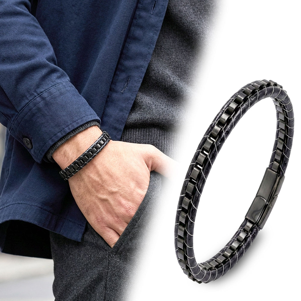Niki Leather Siyah Çelik Zincir Örgülü Ve Deri Erkek Bileklik  38934B24D3