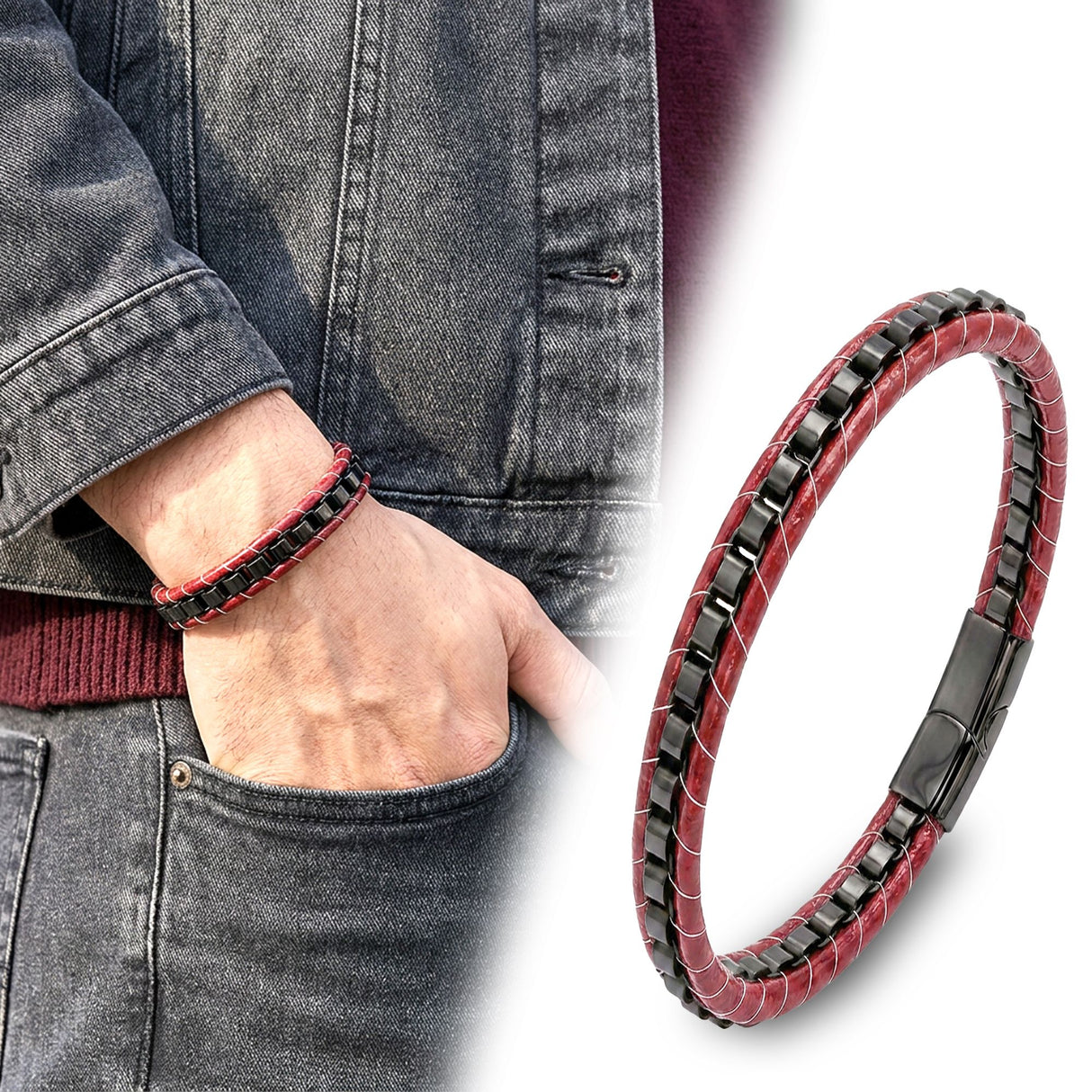 Niki Leather Siyah Çelik Zincir Örgülü Ve Kırmızı Deri Erkek Bileklik  38934B24D2