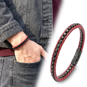 Niki Leather Siyah Çelik Zincir Örgülü Ve Kırmızı Deri Erkek Bileklik  38934B24D2