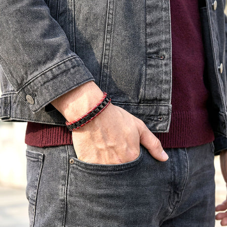 Niki Leather Siyah Çelik Zincir Örgülü Ve Kırmızı Deri Erkek Bileklik  38934B24D2