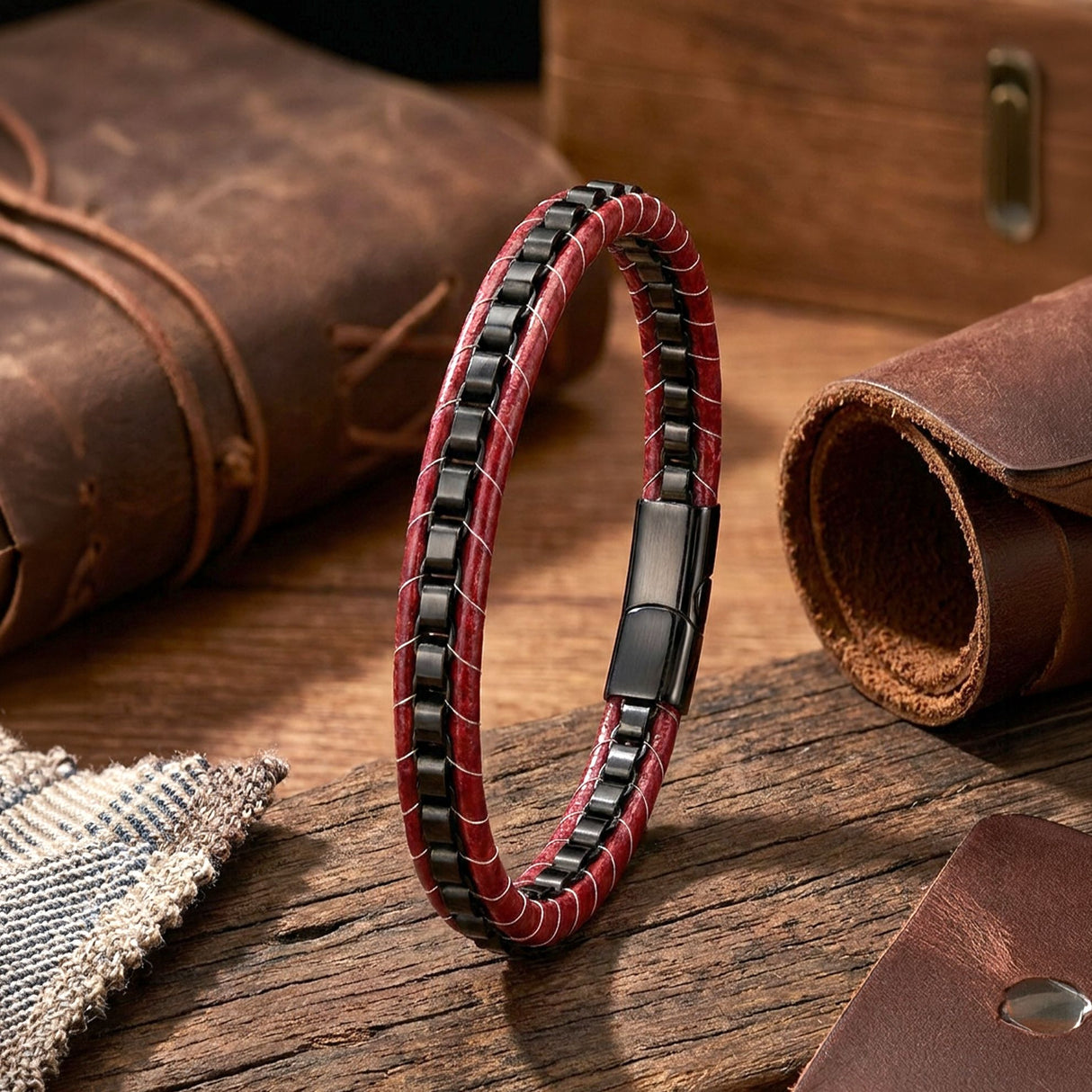 Niki Leather Siyah Çelik Zincir Örgülü Ve Kırmızı Deri Erkek Bileklik  38934B24D2