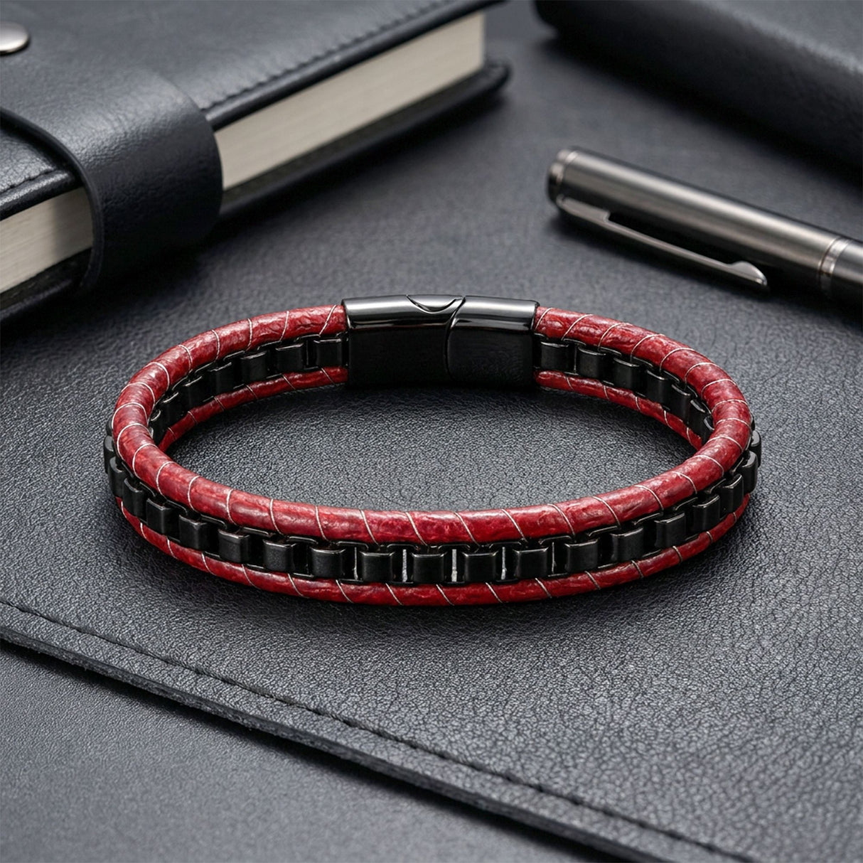 Niki Leather Siyah Çelik Zincir Örgülü Ve Kırmızı Deri Erkek Bileklik  38934B24D2