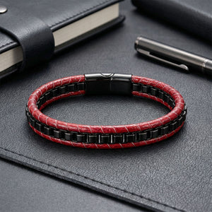 Niki Leather Siyah Çelik Zincir Örgülü Ve Kırmızı Deri Erkek Bileklik  38934B24D2