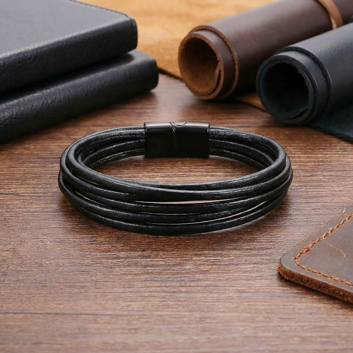 Niki Leather Siyah Çoklu Deri Ve Titianyum Kilitli Çelik Bileklik 38933B13D2