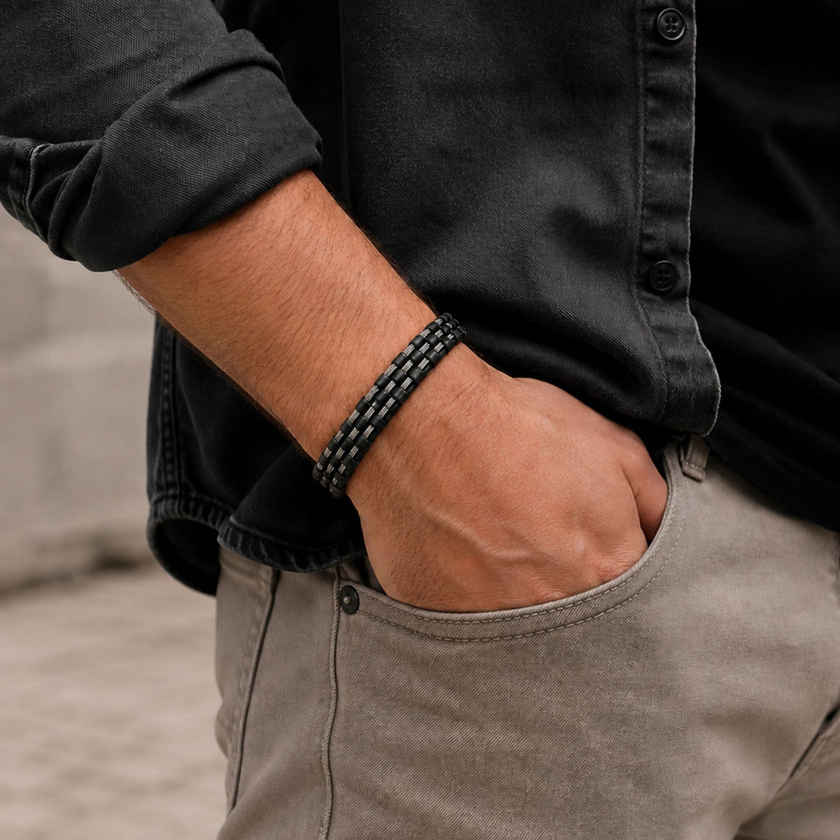 Niki Leather Siyah Deri Burma Örgü Çelik Halat Bileklik 40134B1D3-1