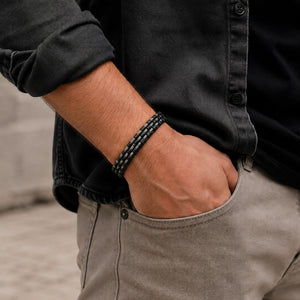 Niki Leather Siyah Deri Burma Örgü Çelik Halat Bileklik 40134B1D3-1