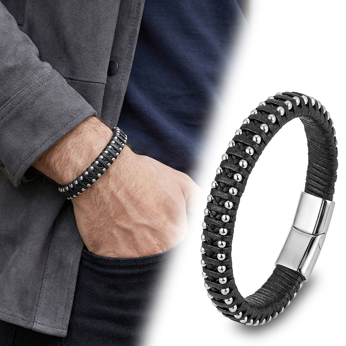 Niki Leather Siyah Deri Ve Damla Çelik Zincirli Bileklik 38934B1D2-1