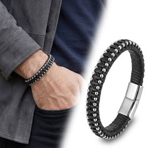 Niki Leather Siyah Deri Ve Damla Çelik Zincirli Bileklik 38934B1D2-1