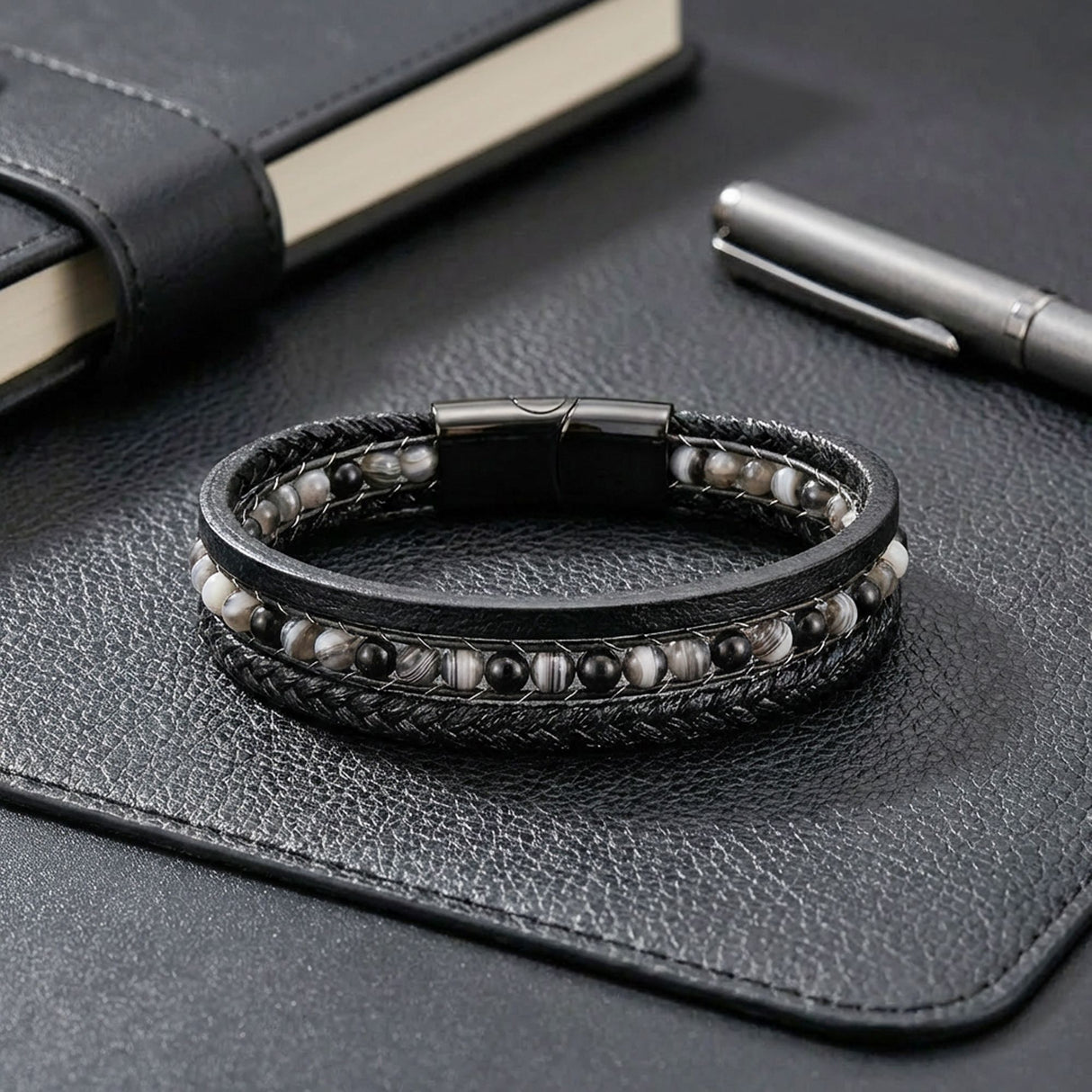 Niki Leather Akik Doğaltaş Ve Deri Çoklu Bileklik 40132B9D25