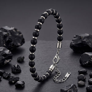 Niki Leather Siyah Oniks & Beyaz Hematit Taşlı Ayarlanabilir Çelik Erkek Bileklik 40132B10D11