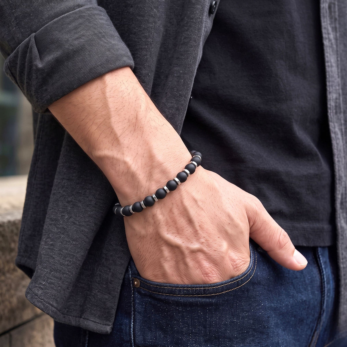 Niki Leather Siyah Oniks & Beyaz Hematit Taşlı Ayarlanabilir Çelik Erkek Bileklik 40132B10D11